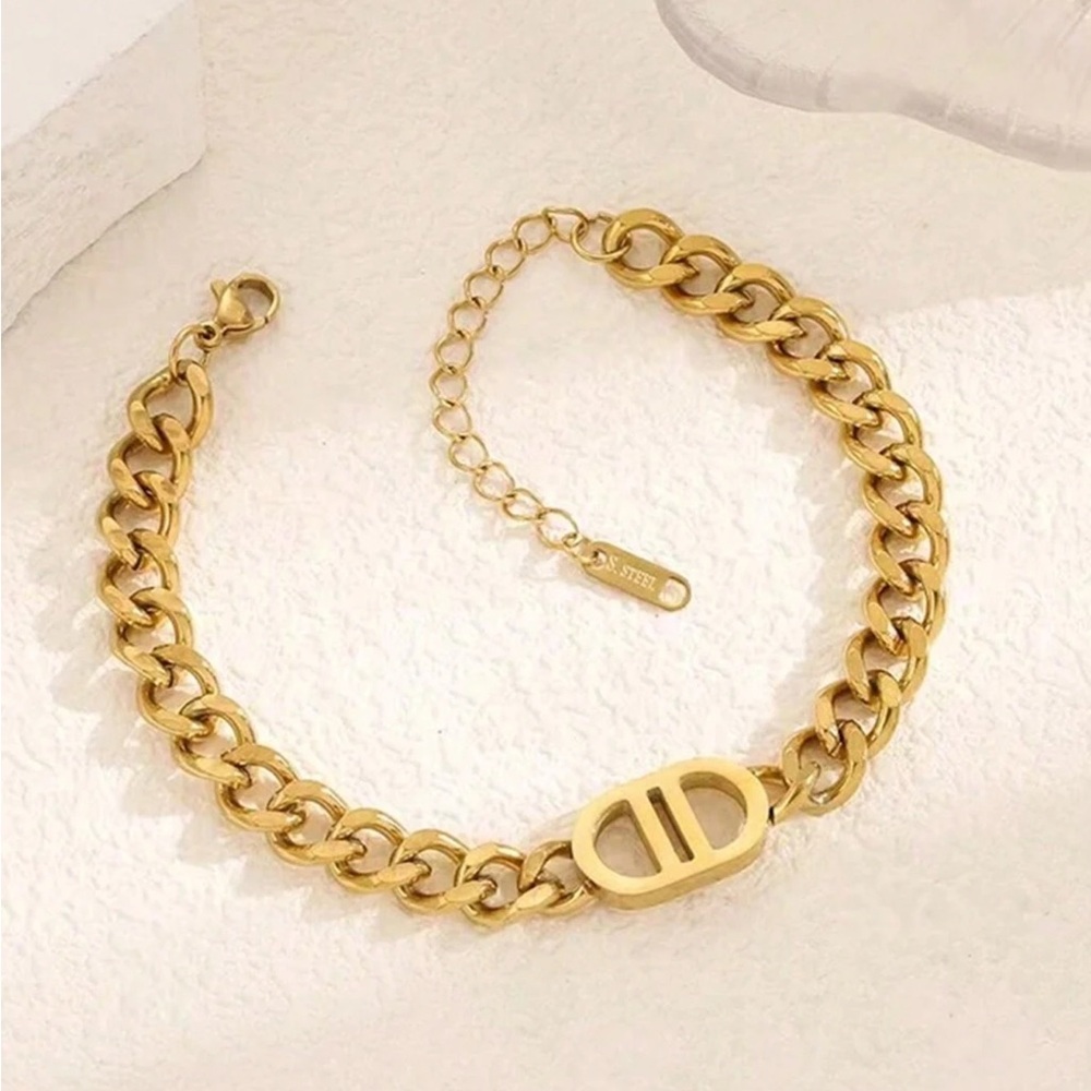 Stainless Steel Bracelet Womens Letter Link Geometric Chic Goldtone NEW
